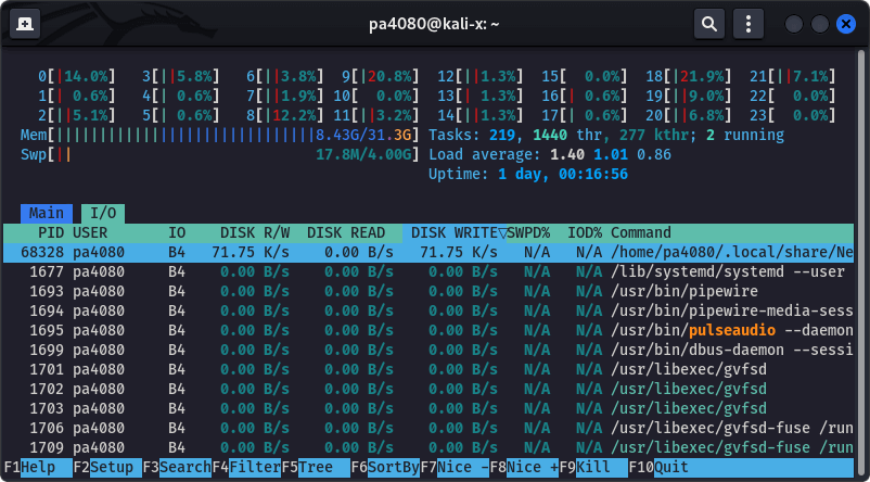 Screen 1. The new I/O Metrics tab of htop (v 3.2+). Use Tab to switch to the I/O tab, then use F6 to open the Sort by menu, and sort by IO_WRITE_RATE. The screenshot is taken on Kali Linux 2022.