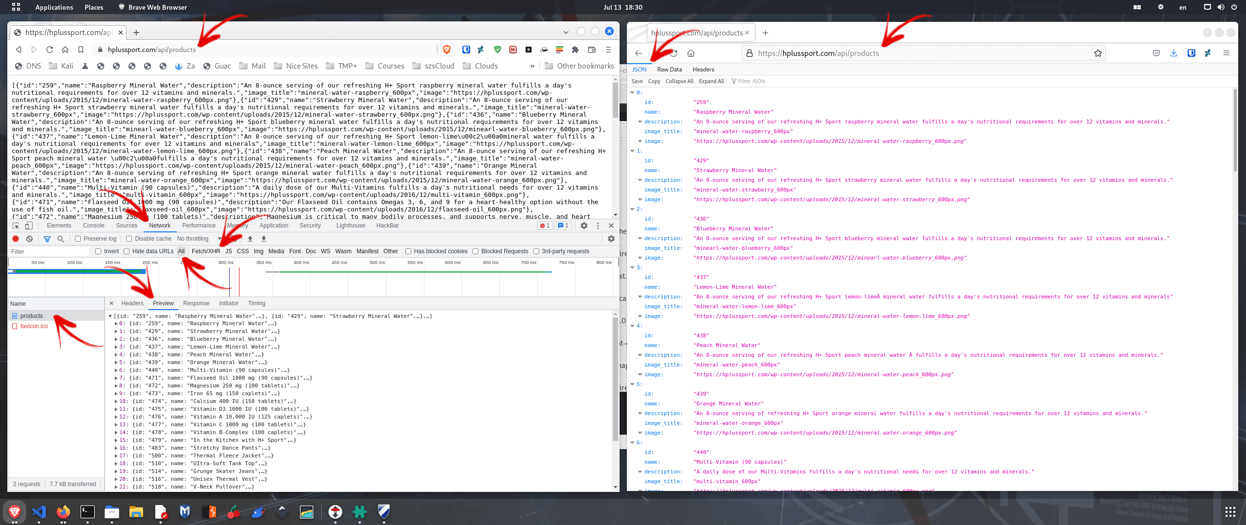 Figure 4. JSON pretty format tools: Chromium based Brave browser (left) Vs Firefox (right).