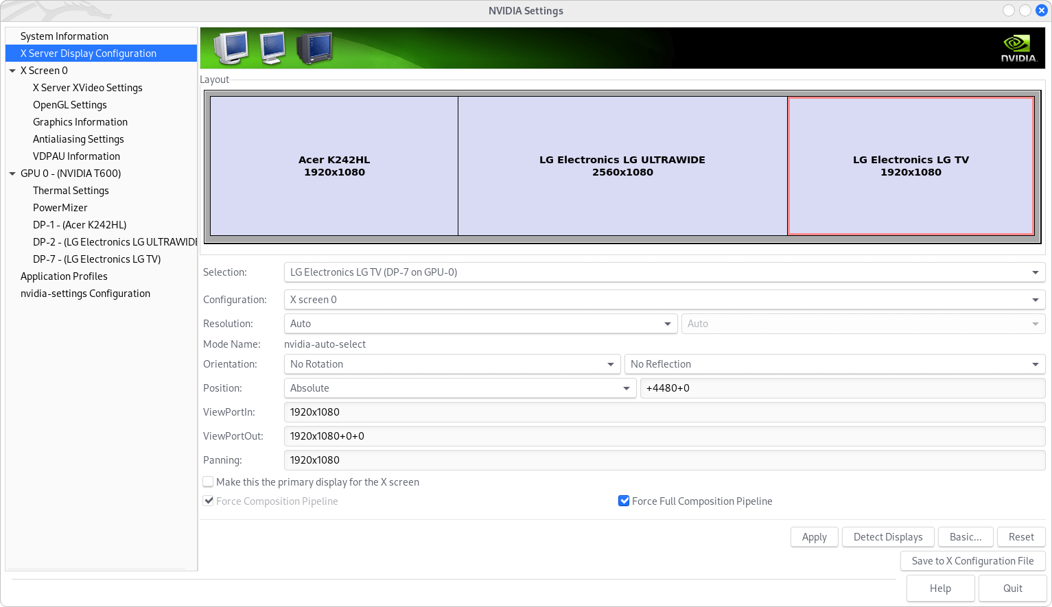 Figure 1. NVIDIA Settings - X Server Display Configuration Example.