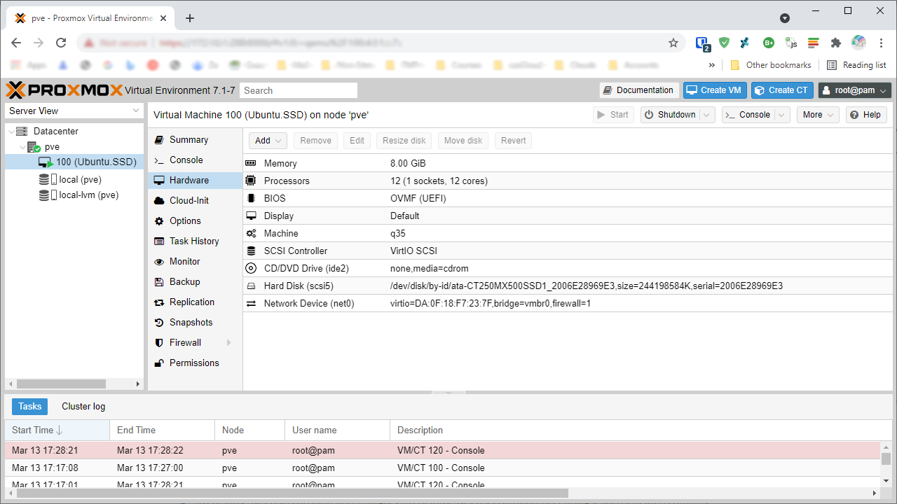 Figure 1. Prox­mox VM initial configuration for Ubuntu Server native installation on a physical SSD.