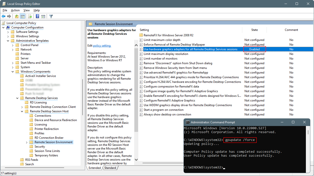 Figure 2. Proxmox QEMU/KVM GPU Passthrough Windows 10/11 Guest's Group Policy Settings.