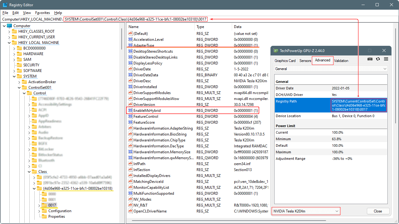 Figure 1. Proxmox QEMU/KVM GPU Passthrough Windows 10/11 Guest's RegEdit Settings.