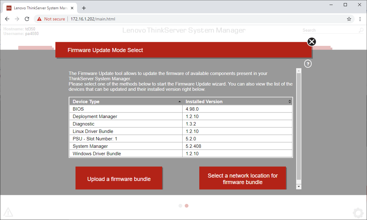 Figure 1. Lenovo ThinkServer TD350: TSM > Firmware Update > 'Upload a firmware bundle' or 'Select a network location for firmware bundle'.