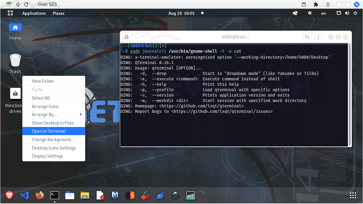 Figure 1. GNOME Shell debug why Open in Terminal does not work at the desktop.