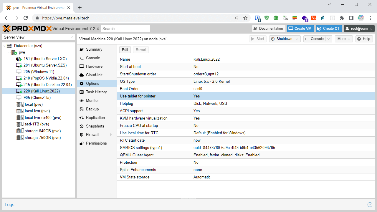 Screen 1. Proxmox default Options: Use tablet for pointer.