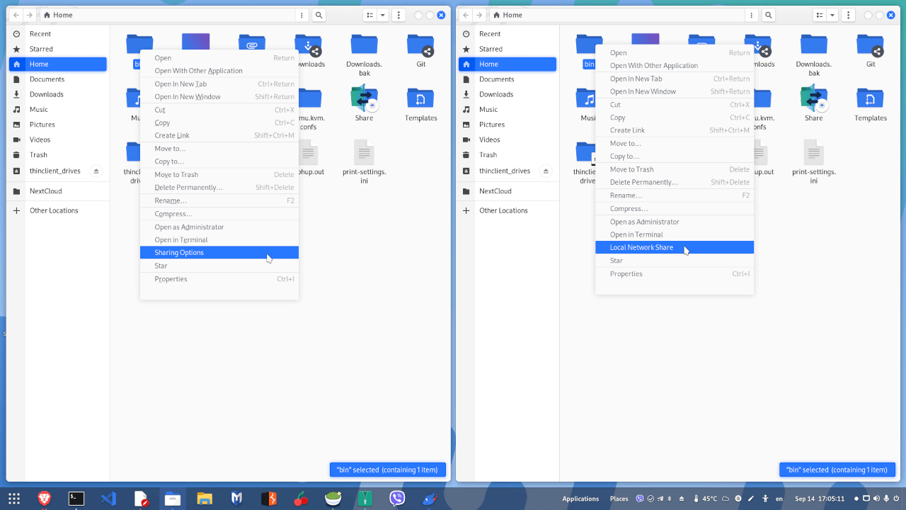 Screen 1. Kali Linux 2022: the replacing of libnautilus-share.so, in order to fix the bug "net usershare" has returned error 255, causes a change of the label in the Nautilus' context menu.