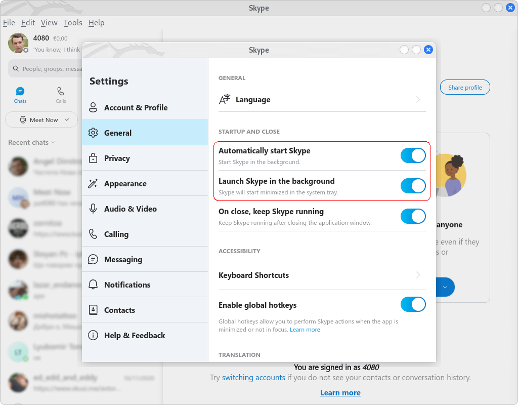 Figure 1. Skype > Tools > General tab: Setup Skype to automatically start in the background.