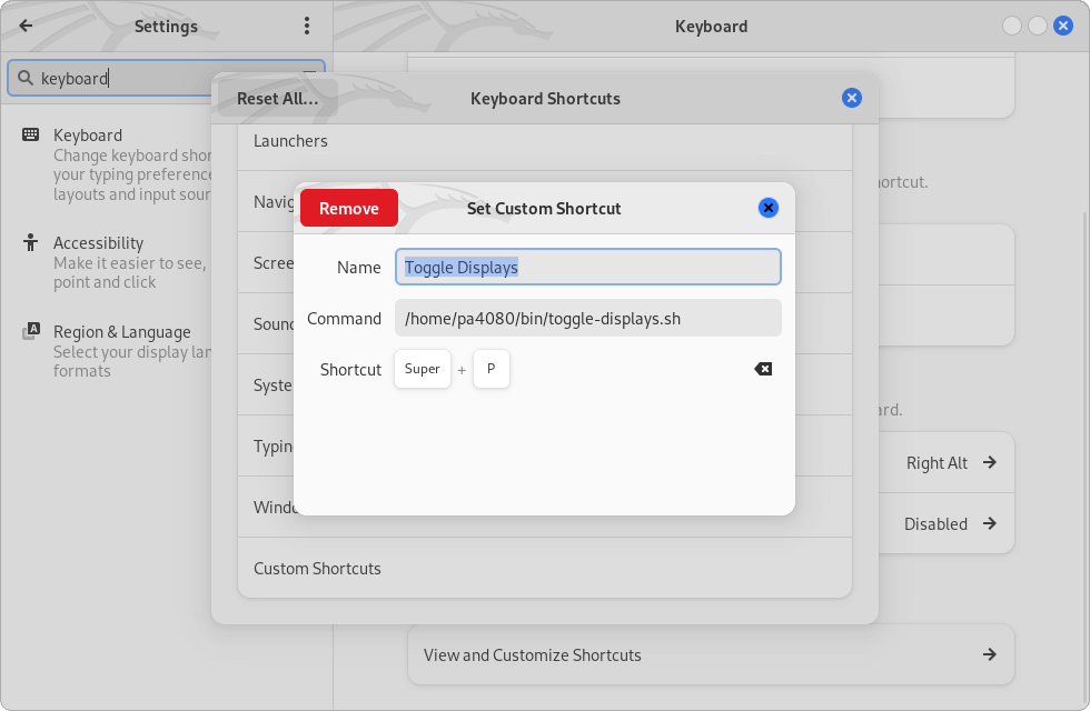 Figure 2. Create Custom Keyboard Shortcuts via Gnome Settings.