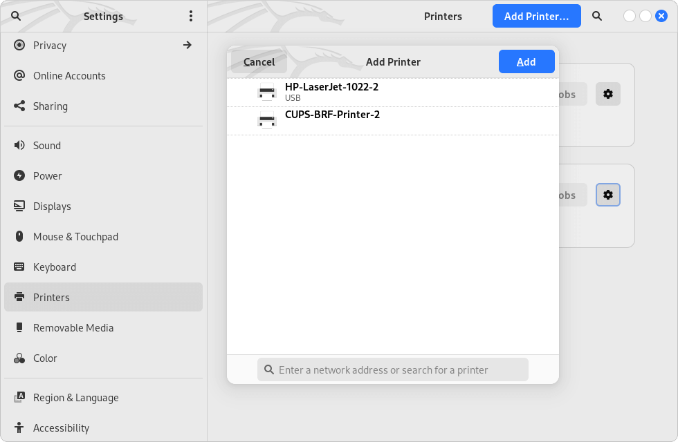 Figure 1. Add a printer via Gnome Control Center.