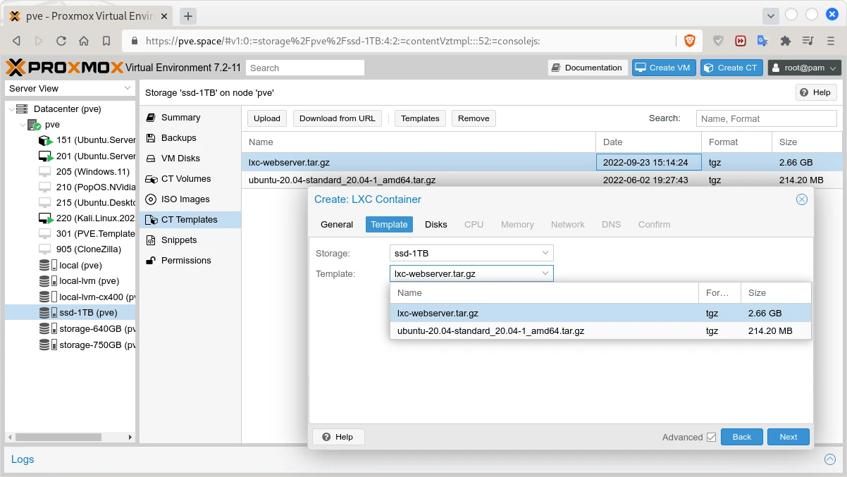 Screen 1. Create Linux container (CT) within ProxmoxVE 7.2.