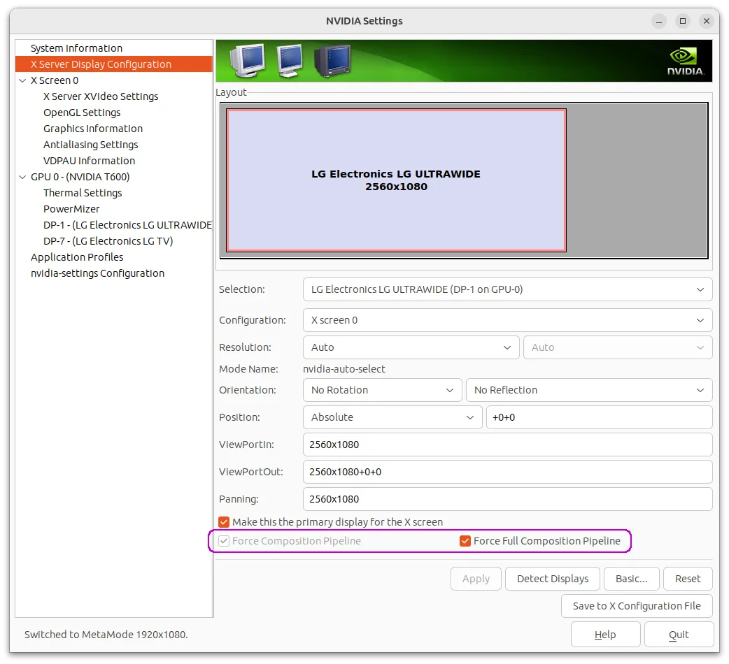 Figure 1. Change NVIDIA X Server Settings > Display Configuration > Force Composition Pipeline (NVIDIA driver version 525) to improve v-sync performance on ful screen video playing.