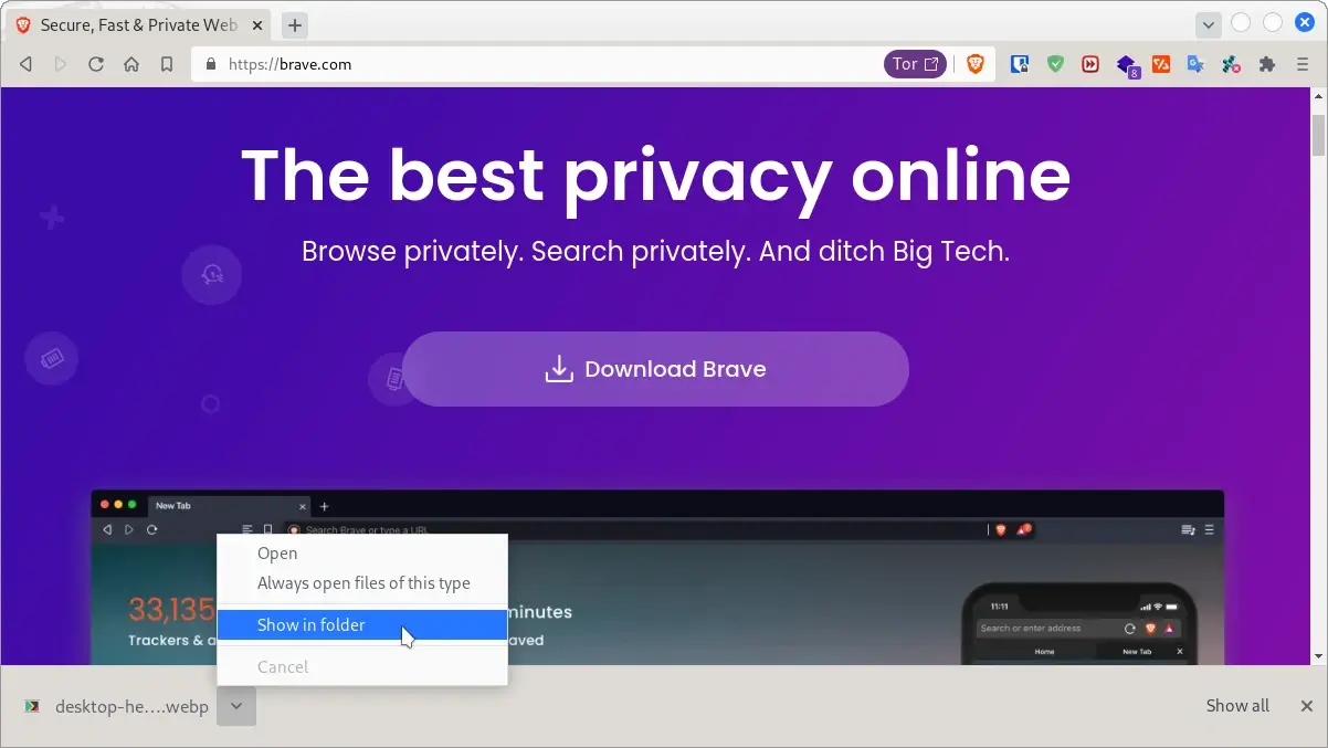 Screen 1. Brave browser - the option "Show in folder".