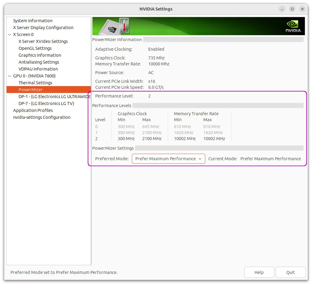 Figure 1. Change NVIDIA X Server Settings > Power Mizer > Performance Level via GUI (NVIDIA driver version 525).